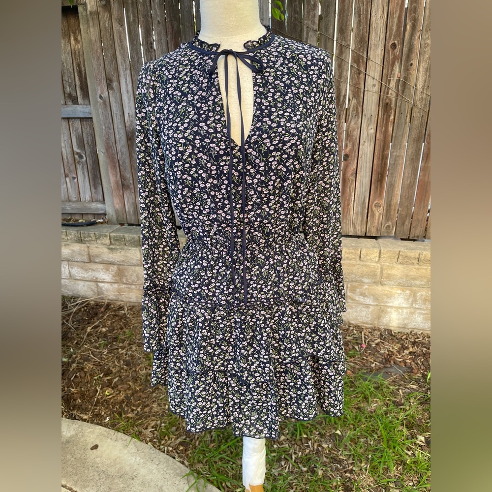 Lulus Navy Floral mini Long bell Sleeves Dress cottagecore XS Liberty romantic